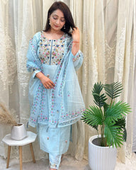 Women Chanderi Silk Sky Blue Kurta Pant and Dupatta set