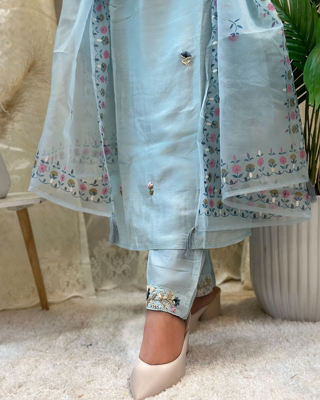 Women Chanderi Silk Sky Blue Kurta Pant and Dupatta set