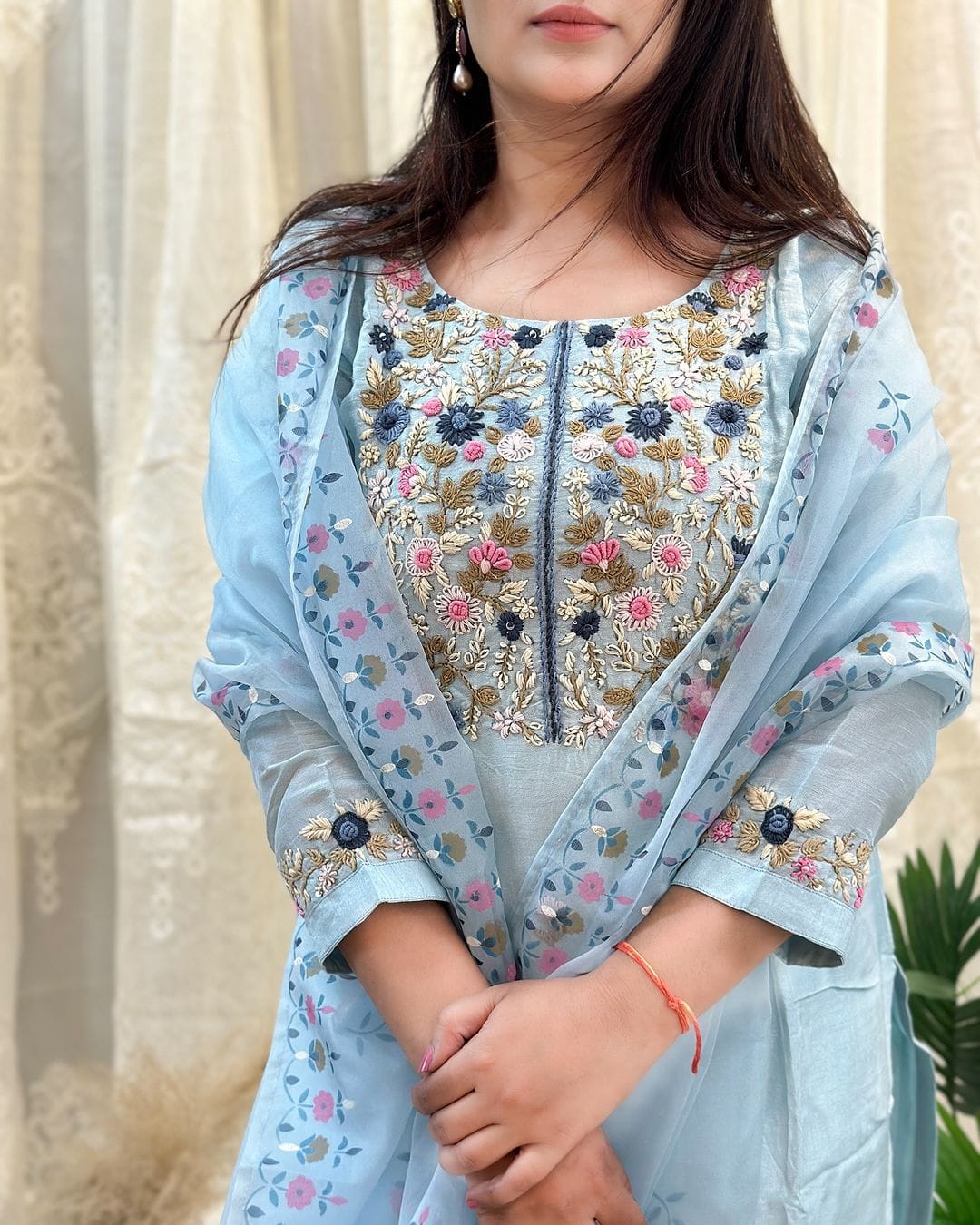 Women Chanderi Silk Sky Blue Kurta Pant and Dupatta set