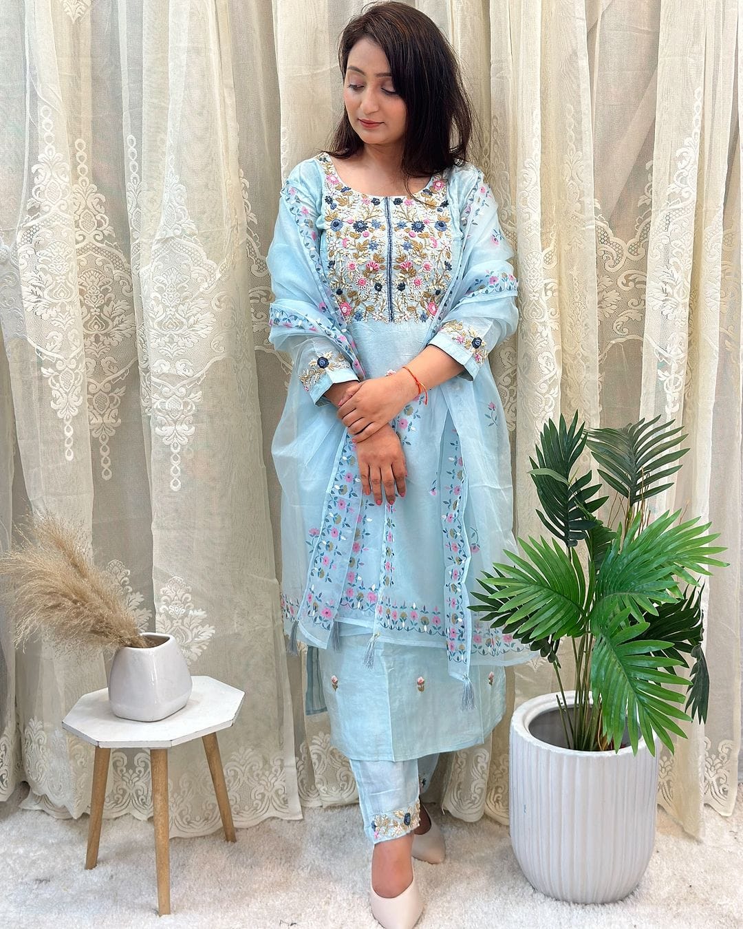 Women Chanderi Silk Sky Blue Kurta Pant and Dupatta set