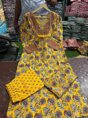 Women Cotton Mustard Kurta pant and Dupatta set