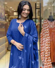 Women Cotton Blue Kurta Pant and Dupatta set