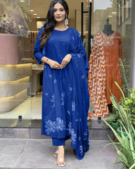 Women Cotton Blue Kurta Pant and Dupatta set