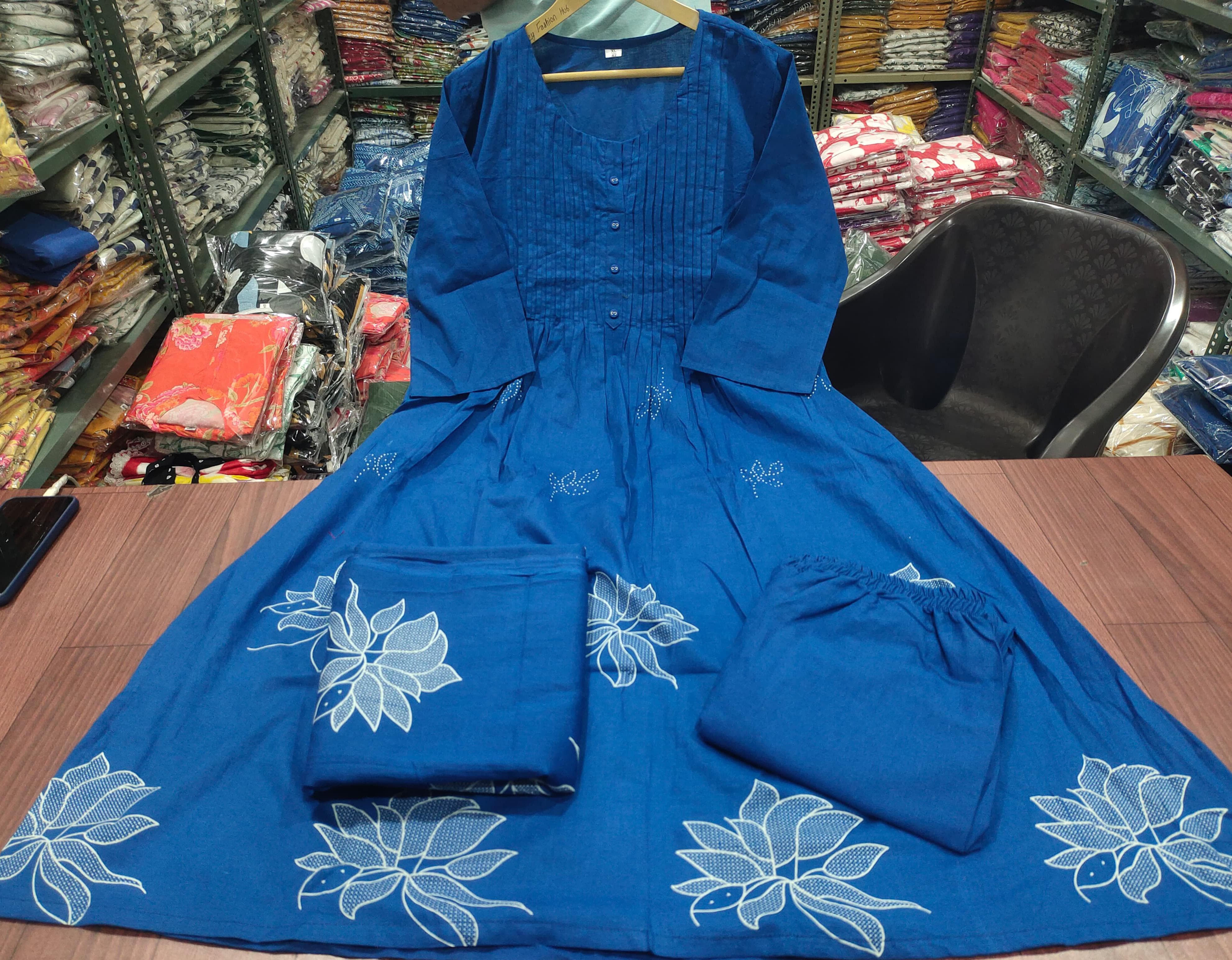 Women Cotton Blue Kurta Pant and Dupatta set