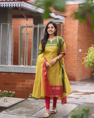 Women South Kanchi Cotton Kurta Pant and Dupatta set