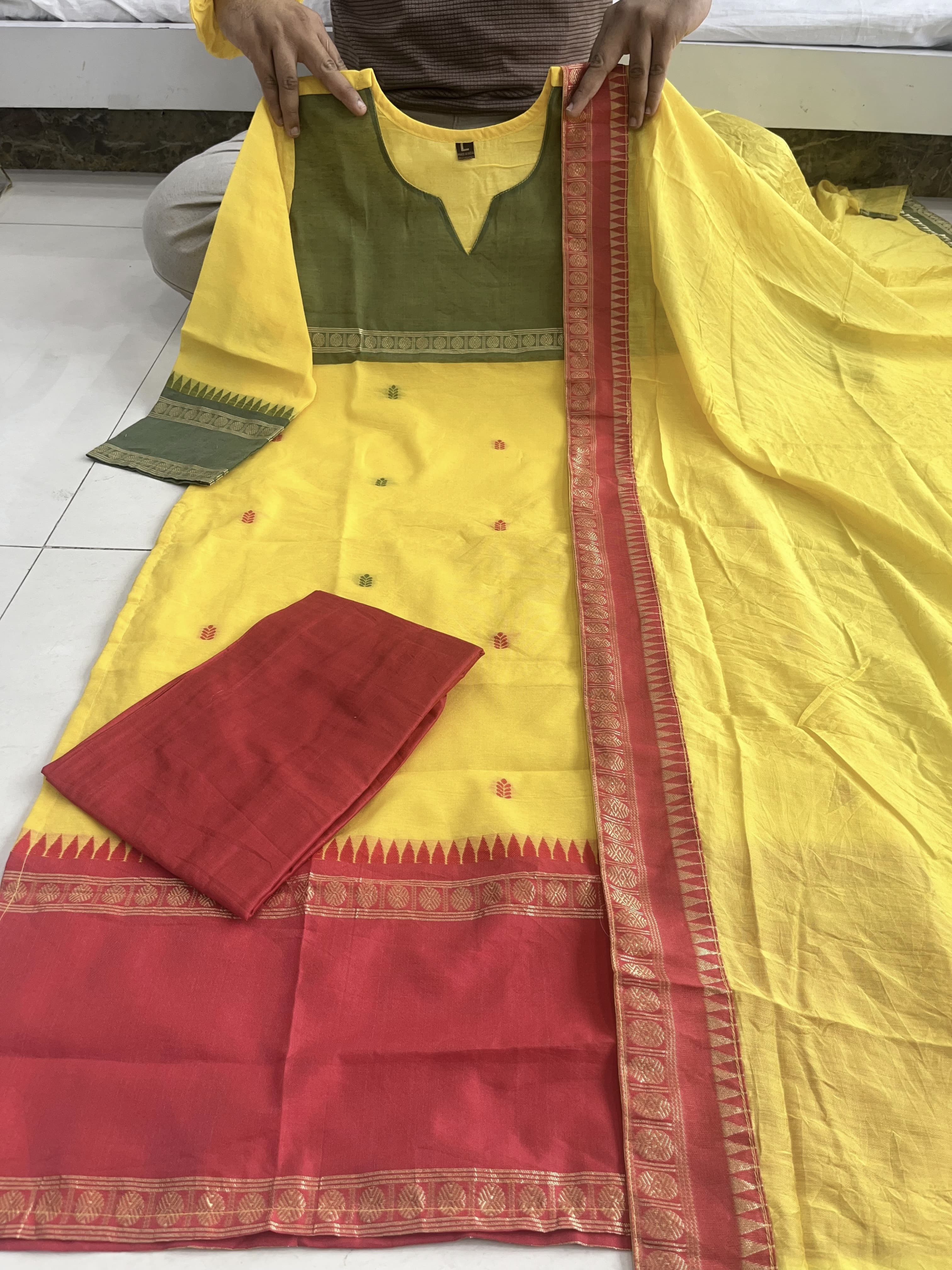 Women South Kanchi Cotton Kurta Pant and Dupatta set