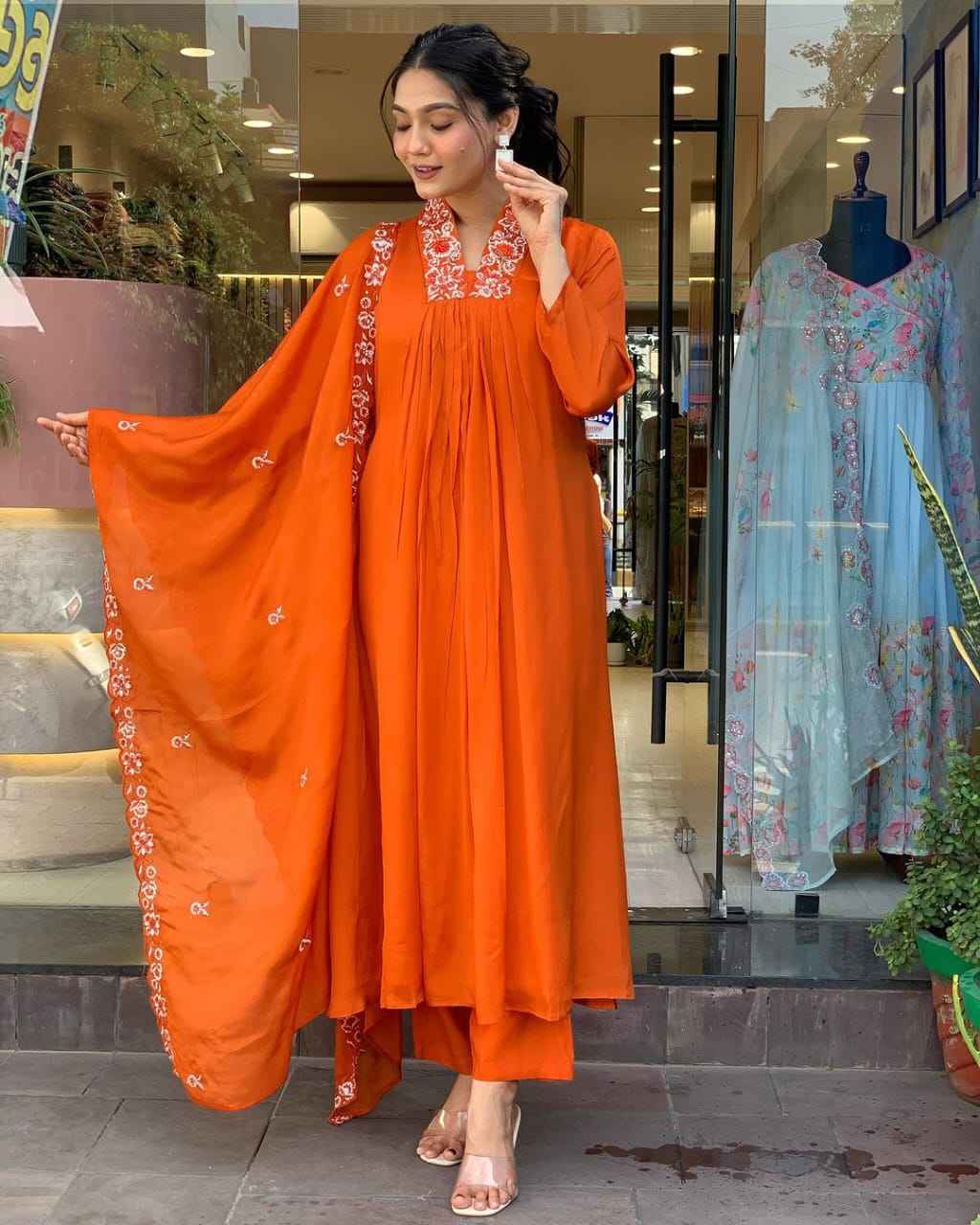 Women Cotton Orange Kurta Pant and Mulmul Dupatta set