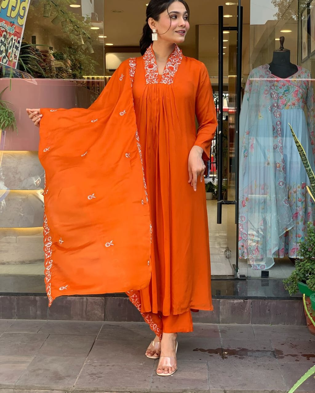 Women Cotton Orange Kurta Pant and Mulmul Dupatta set