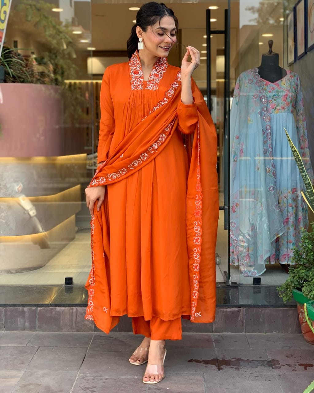 Women Cotton Orange Kurta Pant and Mulmul Dupatta set