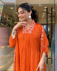 Women Cotton Orange Kurta Pant and Mulmul Dupatta set