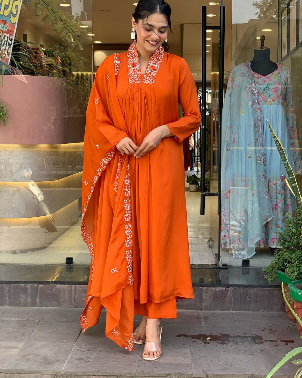 Women Cotton Orange Kurta Pant and Mulmul Dupatta set