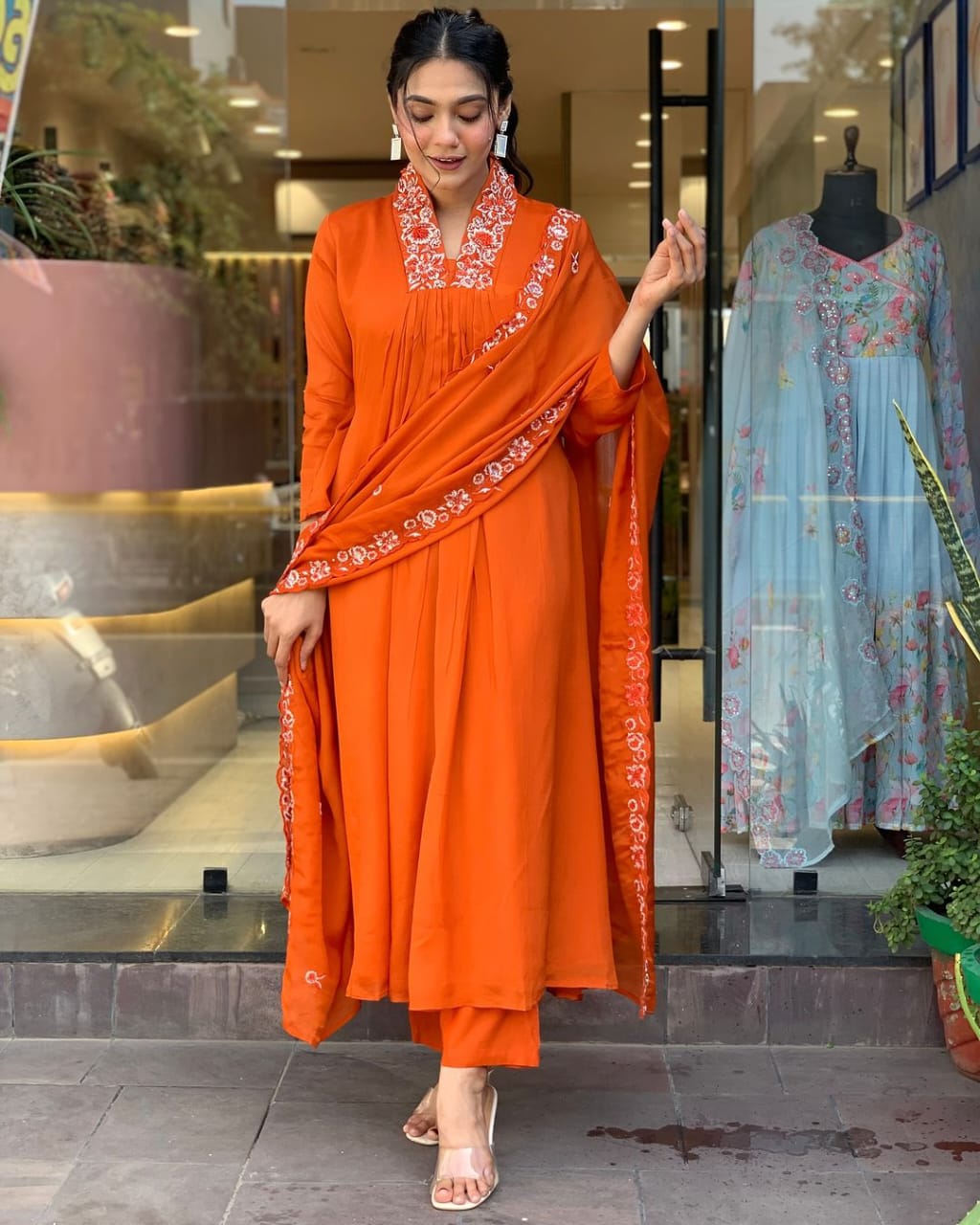 Women Cotton Orange Kurta Pant and Mulmul Dupatta set