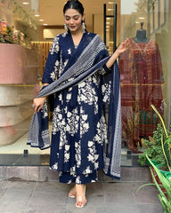 Women Cotton Navy Blue Kurta Pant and Dupatta set