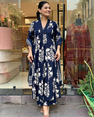 Women Cotton Navy Blue Kurta Pant and Dupatta set