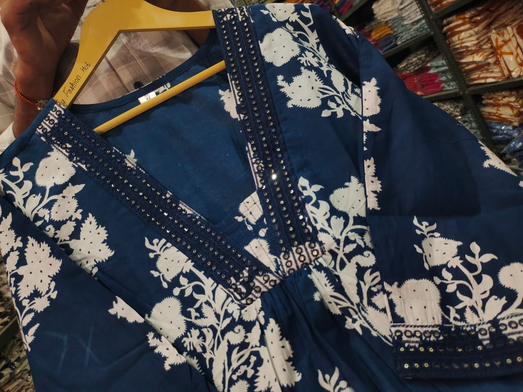 Women Cotton Navy Blue Kurta Pant and Dupatta set