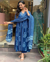 Women Cotton Blue Kurta Pant and Dupatta set