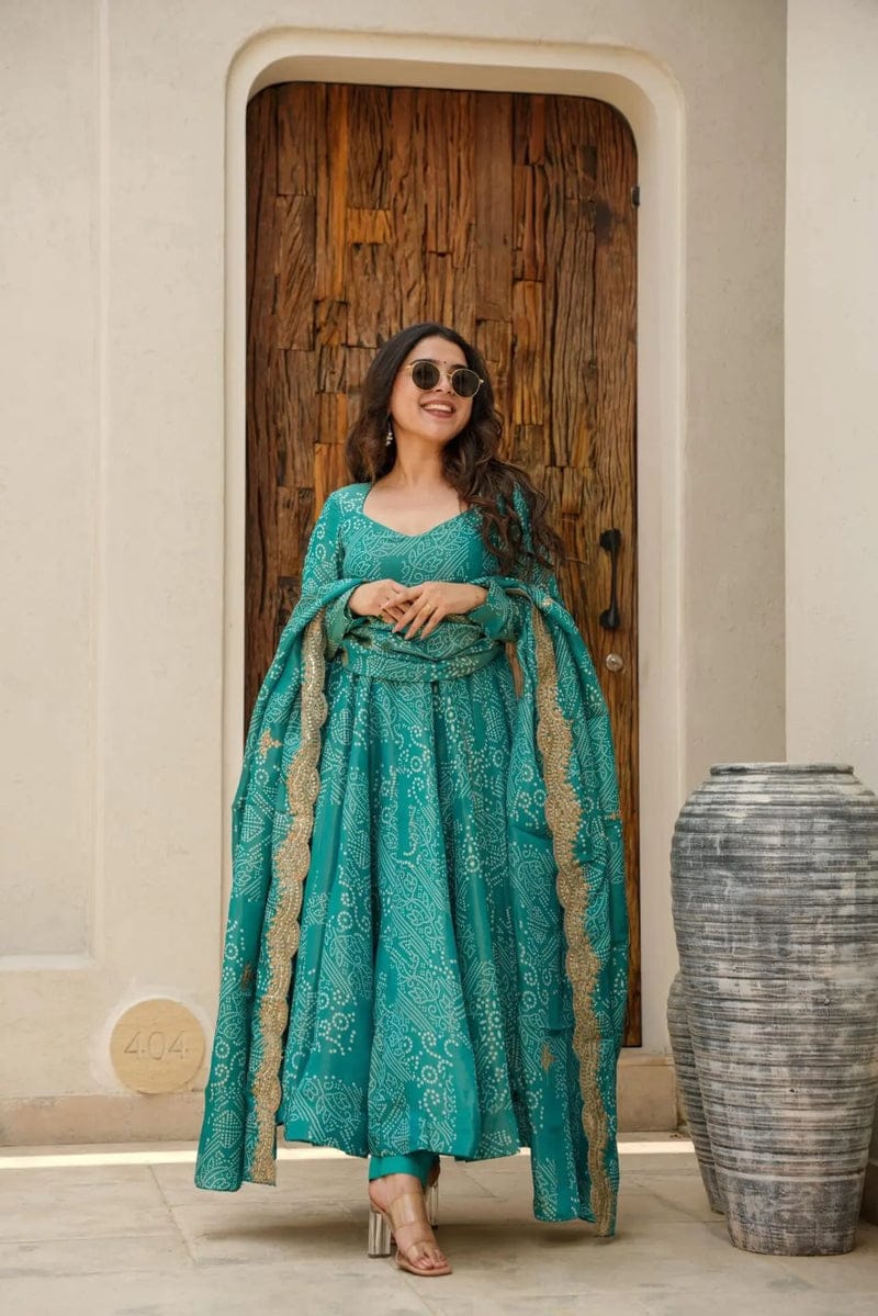 Women Green Bandhez cotton Kurta Pant and Dupatta set