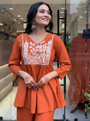 Women Orange Embroidery Co-Ord set