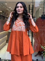 Women Orange Embroidery Co-Ord set