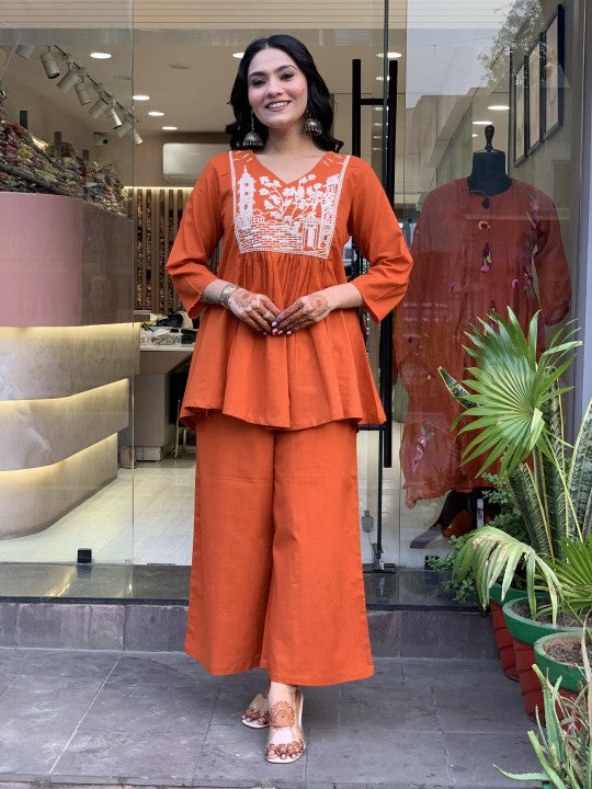 Women Orange Embroidery Co-Ord set