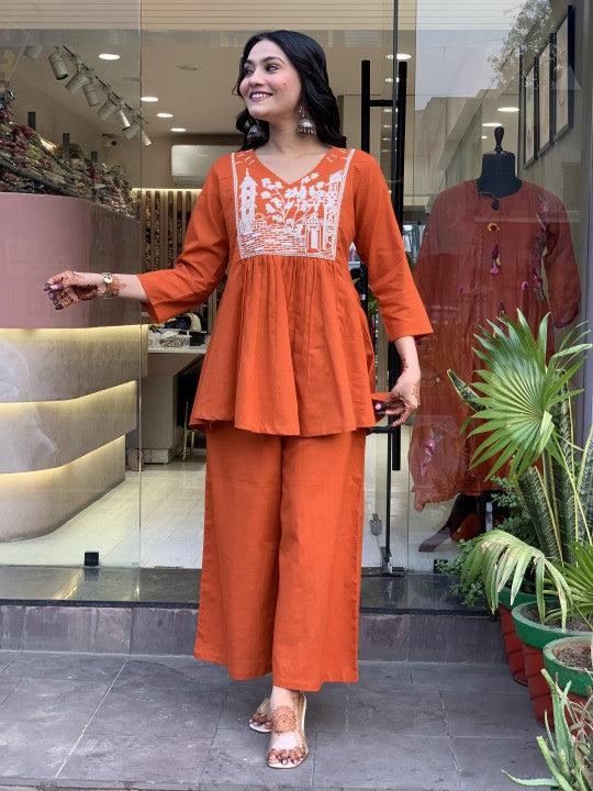 Women Orange Embroidery Co-Ord set