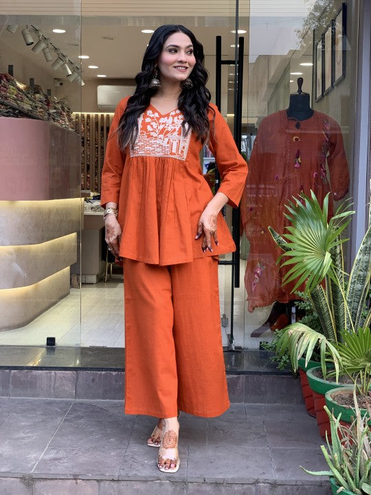 Women Orange Embroidery Co-Ord set