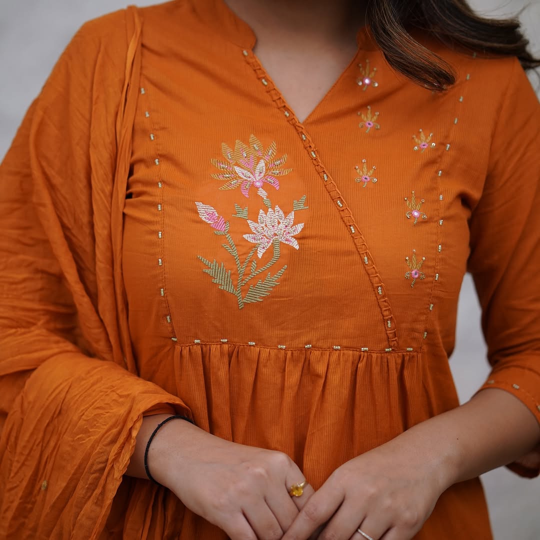 Women Orange Yoke Embroidery Cotton Kurta Pant set