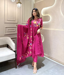 Women Pink Embroidery Cotton Kurta Pant and Dupatta set