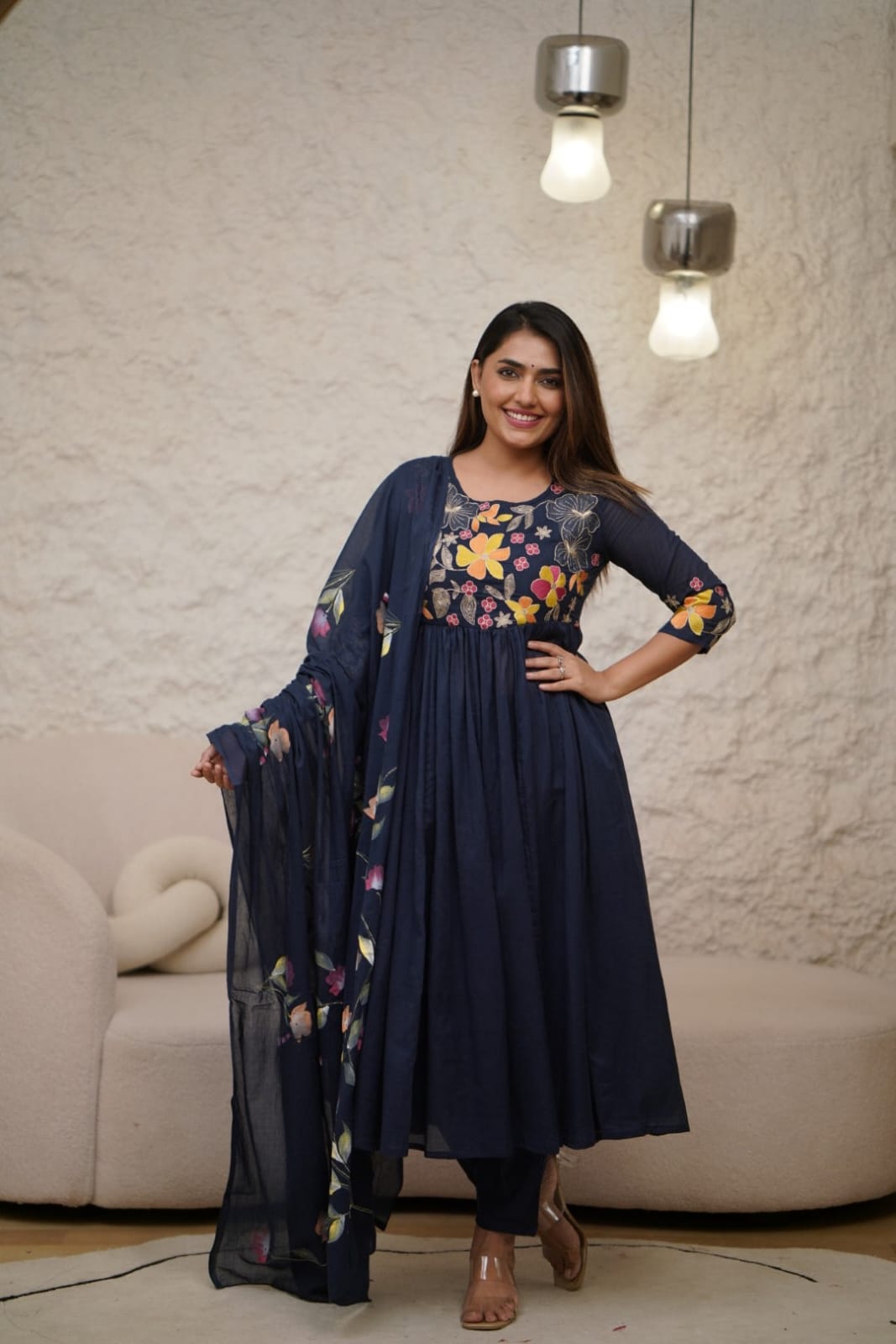 Women Navy Blue Embroidery Cotton Kurta Pant and Dupatta set