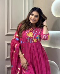 Women Pink Embroidery Cotton Kurta Pant and Dupatta set