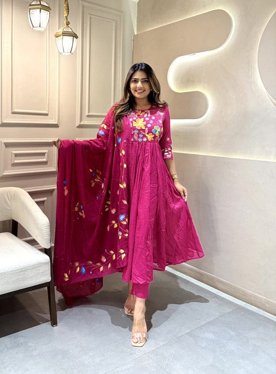 Women Pink Embroidery Cotton Kurta Pant and Dupatta set