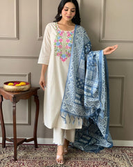 Women Off-White Embroidery Cotton Kurta Pant and Blue Dupatta set