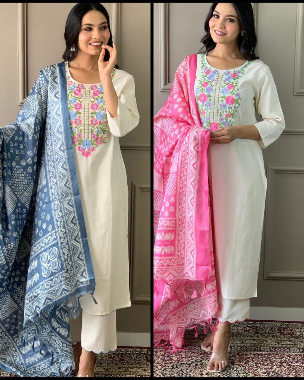 Women Off-White Embroidery Cotton Kurta Pant and Pink Dupatta set