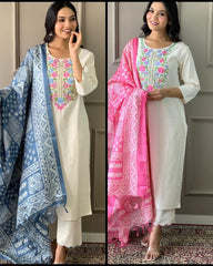 Women Off-White Embroidery Cotton Kurta Pant and Blue Dupatta set