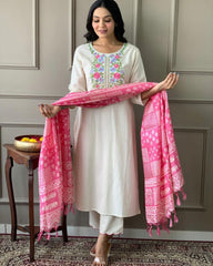 Women Off-White Embroidery Cotton Kurta Pant and Pink Dupatta set