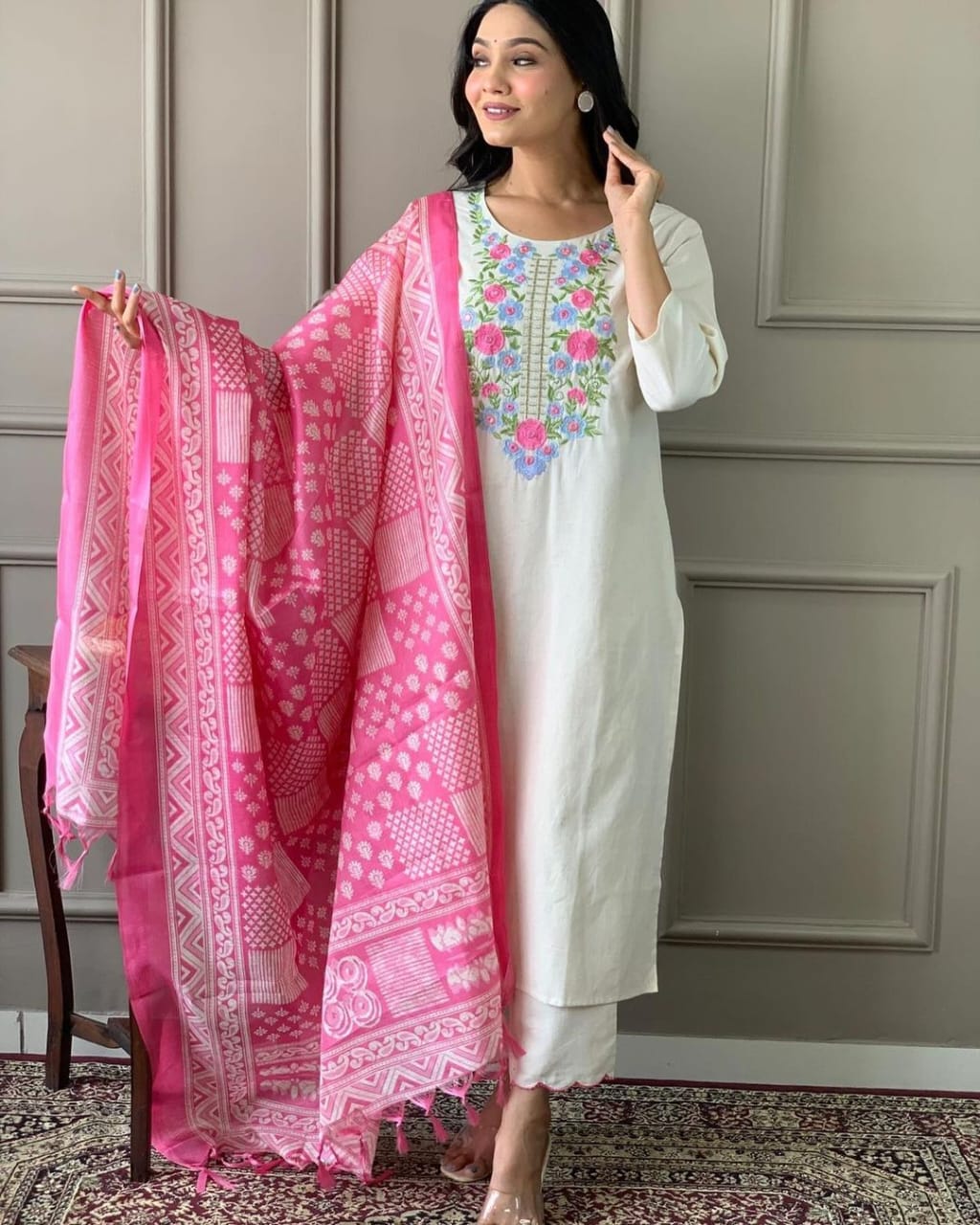 Women Off-White Embroidery Cotton Kurta Pant and Pink Dupatta set