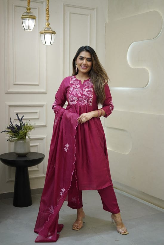 Women Pink Embroidery Kurta Pant and Dupatta set