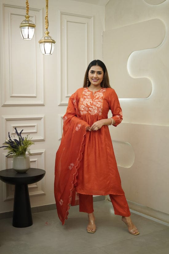 Women Orange Embroidery Kurta Pant and Dupatta set