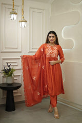 Women Orange Embroidery Kurta Pant and Dupatta set