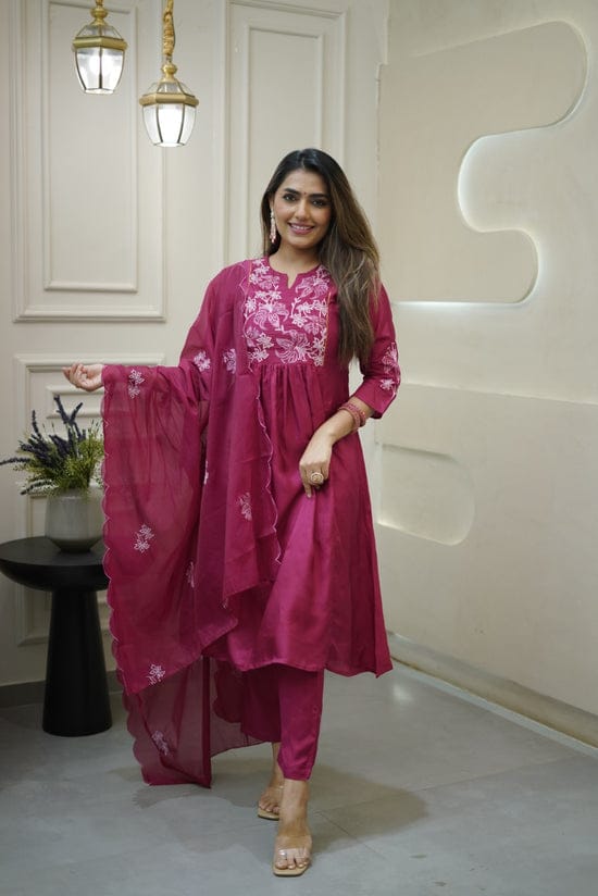 Women Pink Embroidery Kurta Pant and Dupatta set