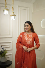 Women Orange Embroidery Kurta Pant and Dupatta set