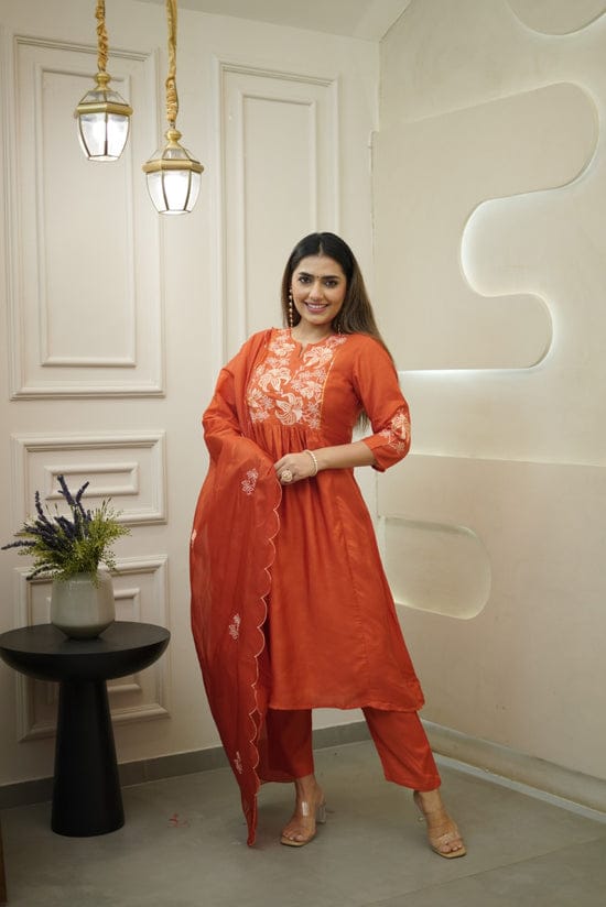 Women Orange Embroidery Kurta Pant and Dupatta set