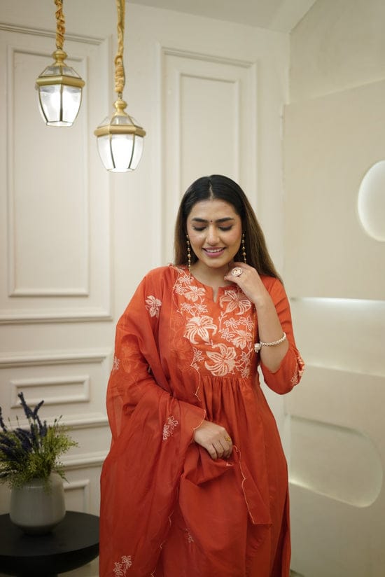 Women Orange Embroidery Kurta Pant and Dupatta set