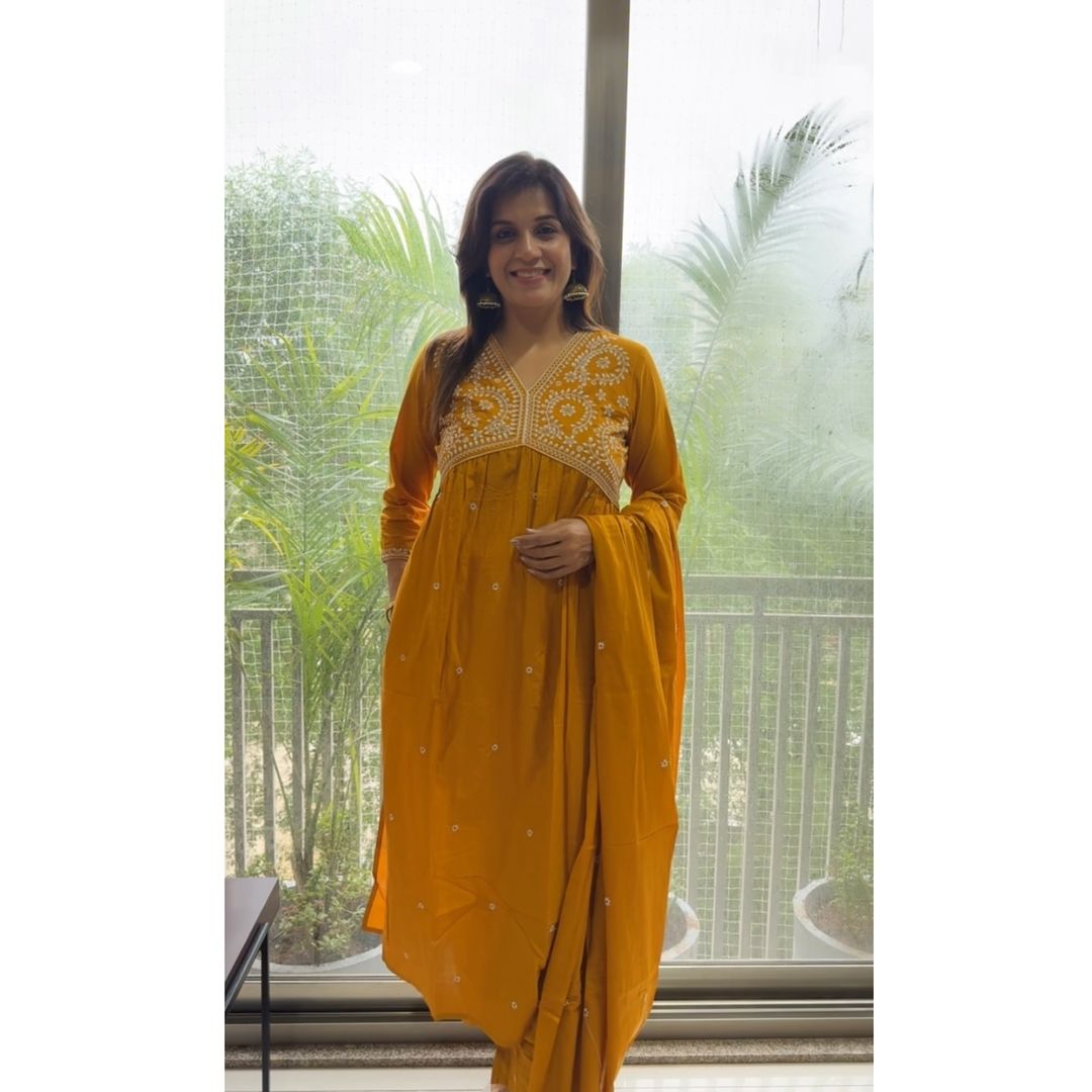 Women Mustard Embroidery Cotton Kurta Pant and Dupatta set