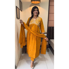 Women Mustard Embroidery Cotton Kurta Pant and Dupatta set