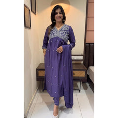 Women Purple Embroidery Cotton Kurta Pant and Dupatta set