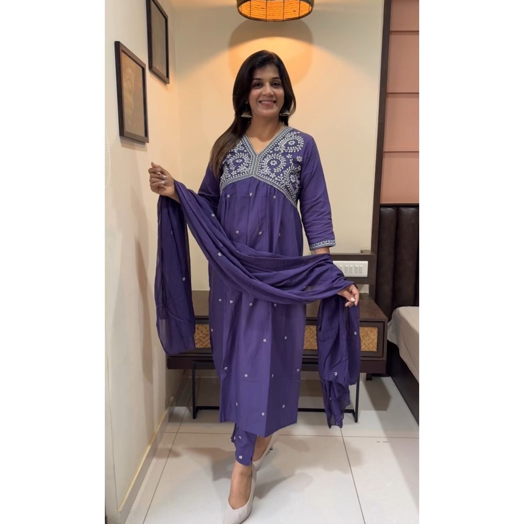 Women Purple Embroidery Cotton Kurta Pant and Dupatta set