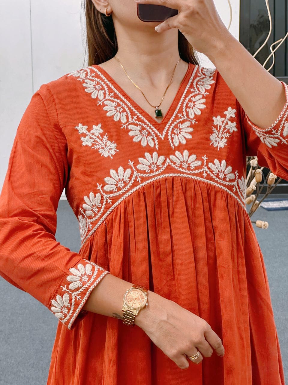 Women Orange Embroidery Cotton Kurta Pant and Dupatta set