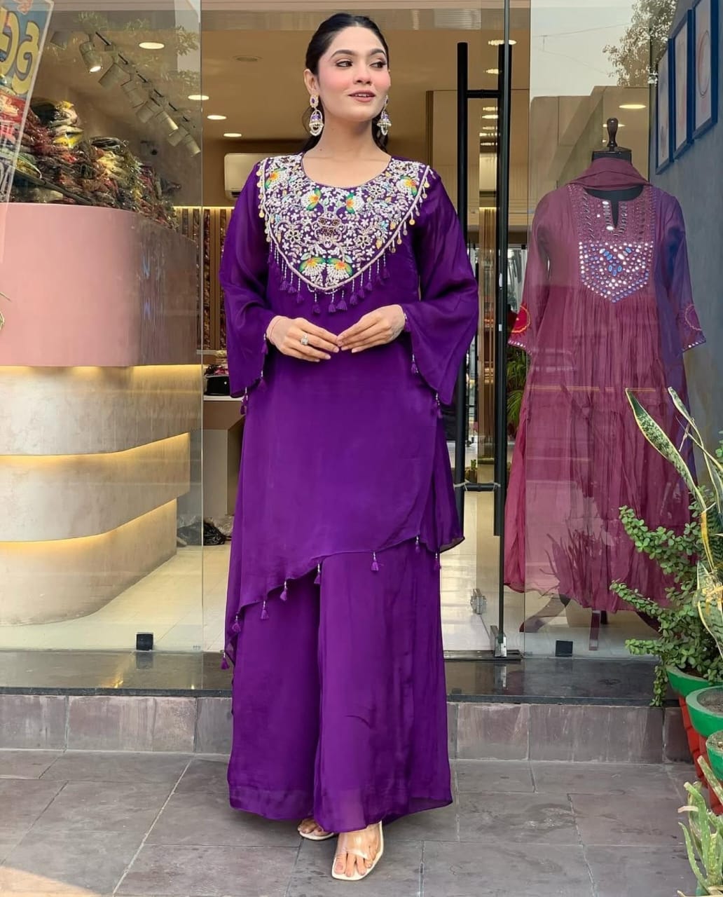 Women Purple Embroidery Rayon Co-Ord set