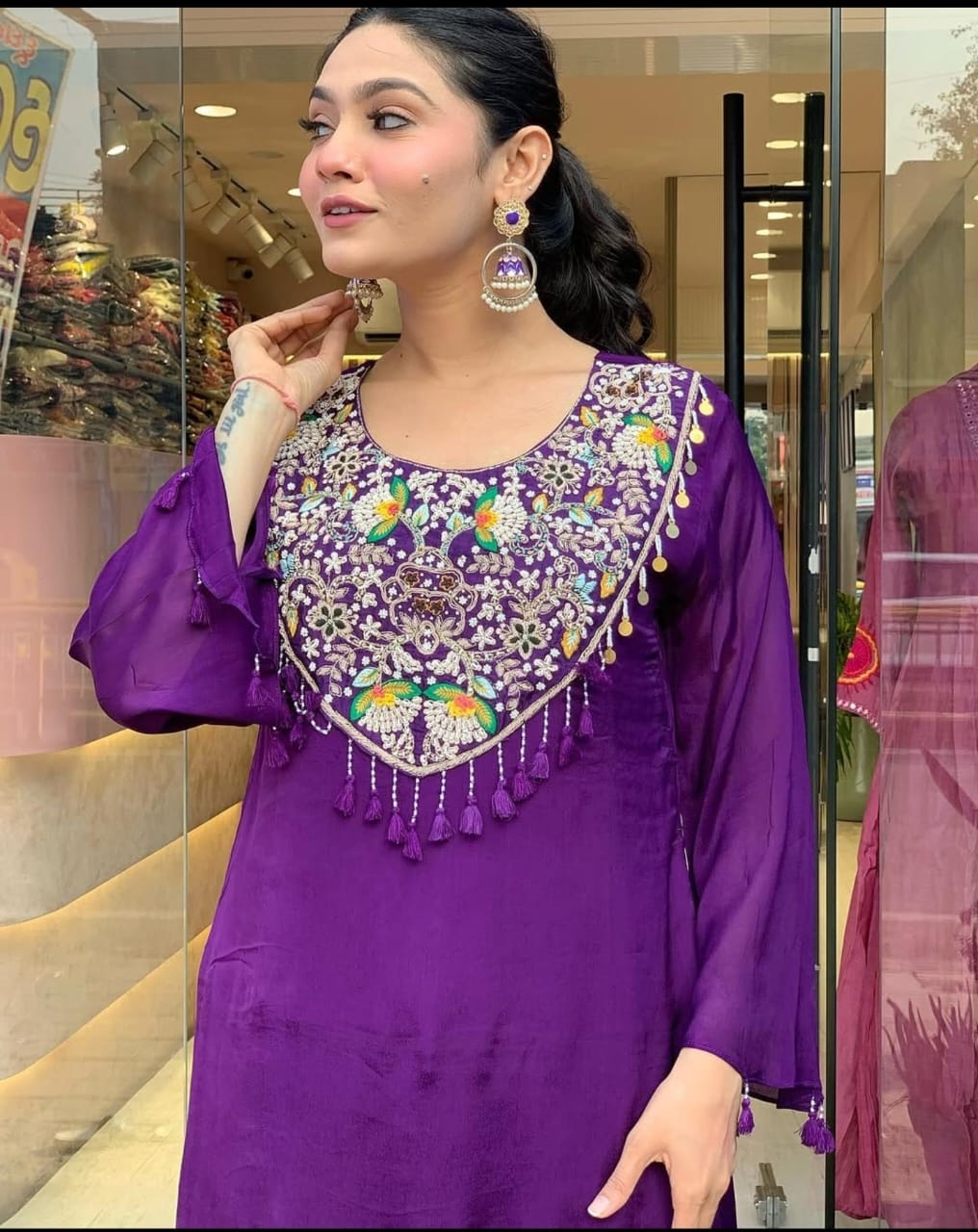 Women Purple Embroidery Rayon Co-Ord set